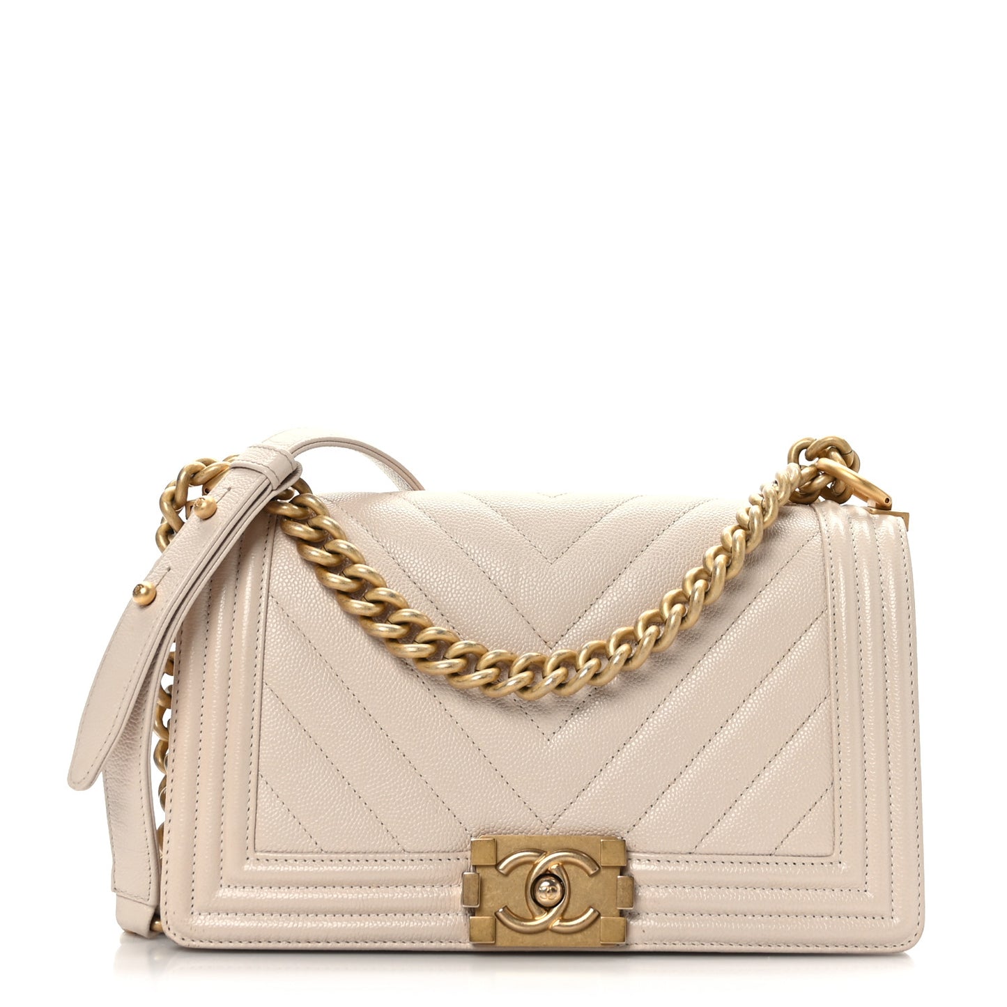 Caviar Chevron Quilted Medium Boy Flap Light Beige