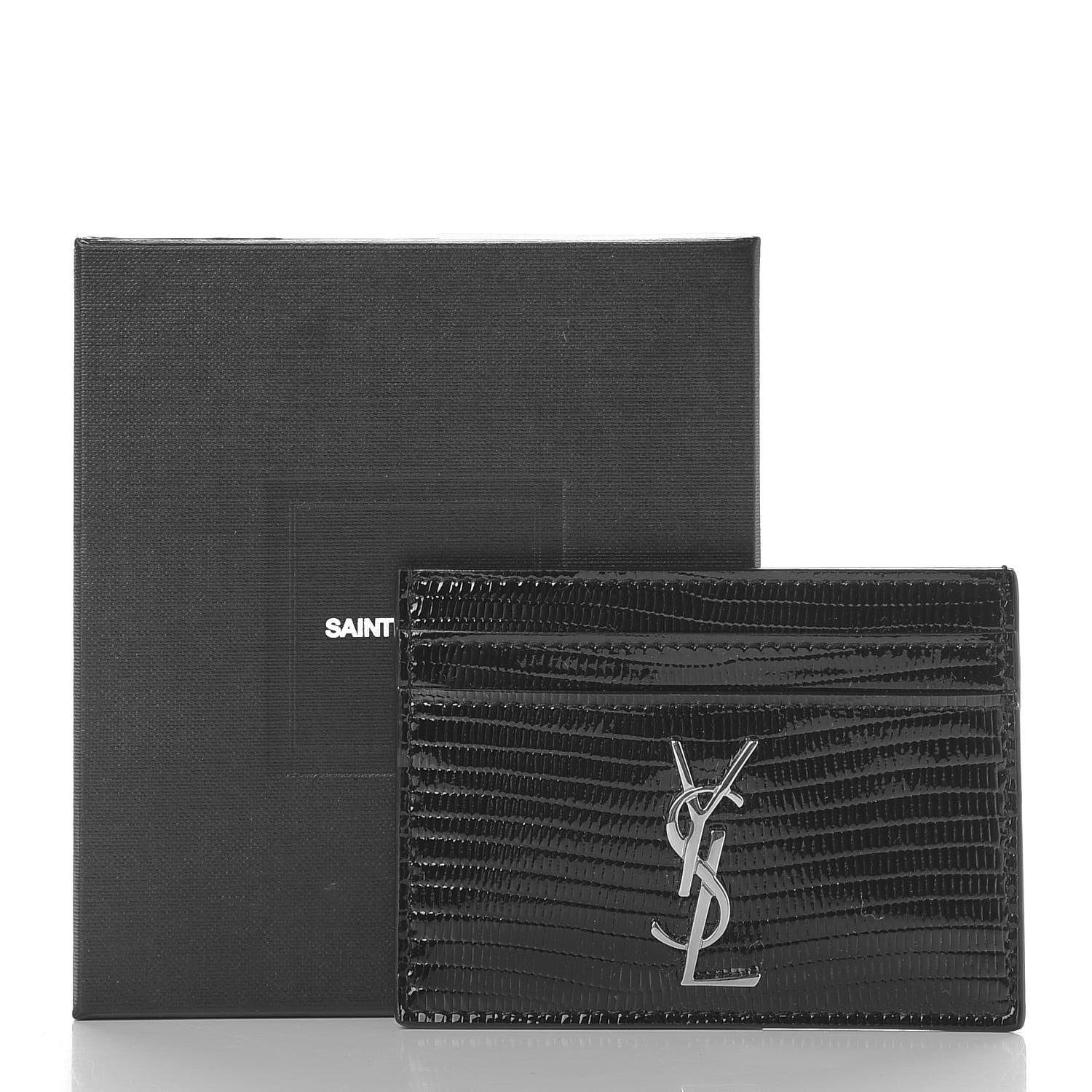 Saint Laurent Patent Tejus Lizard Calfskin Embossed Card Case Black 9 of 9