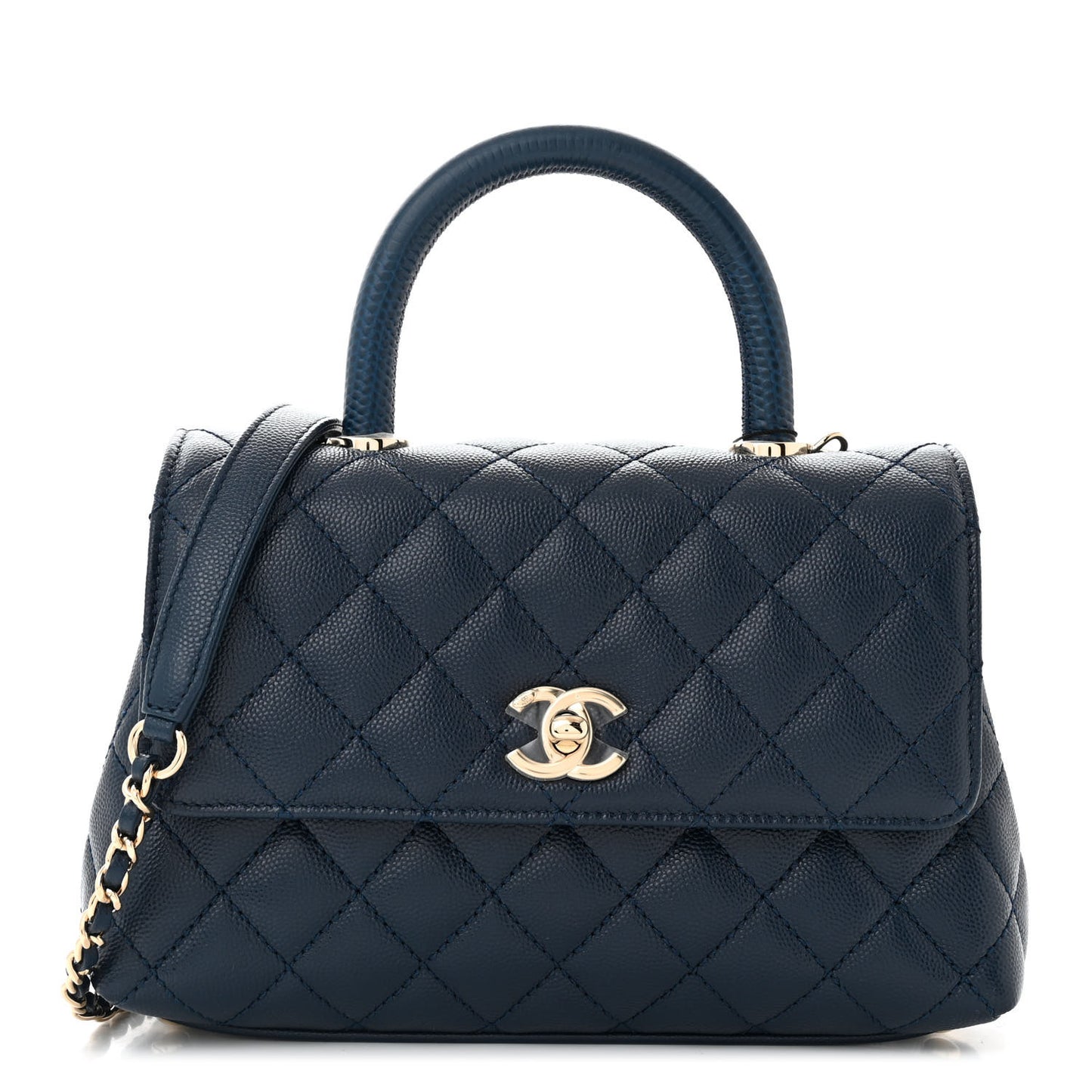 Caviar Quilted Lizard Embossed Mini Coco Handle Flap Navy Blue