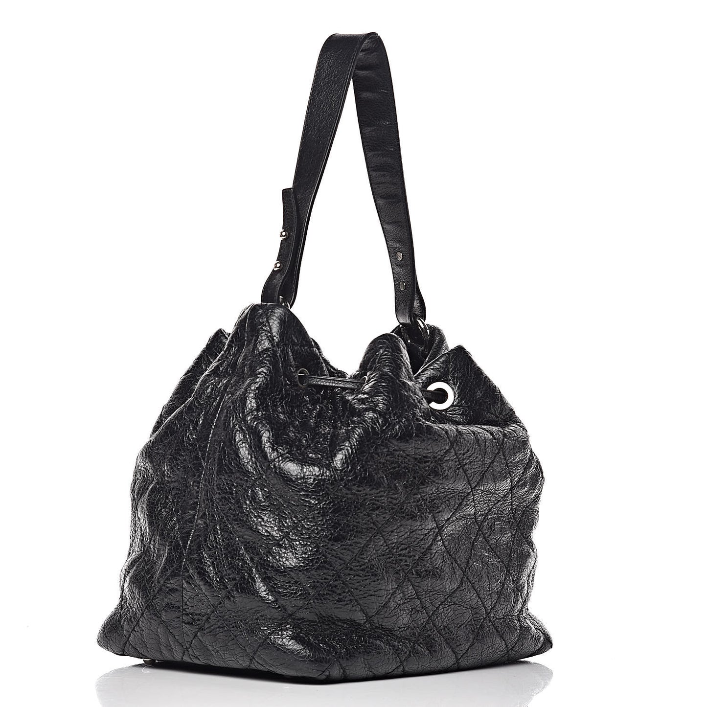 Glazed Calfskin On The Road Drawstring Tote Black