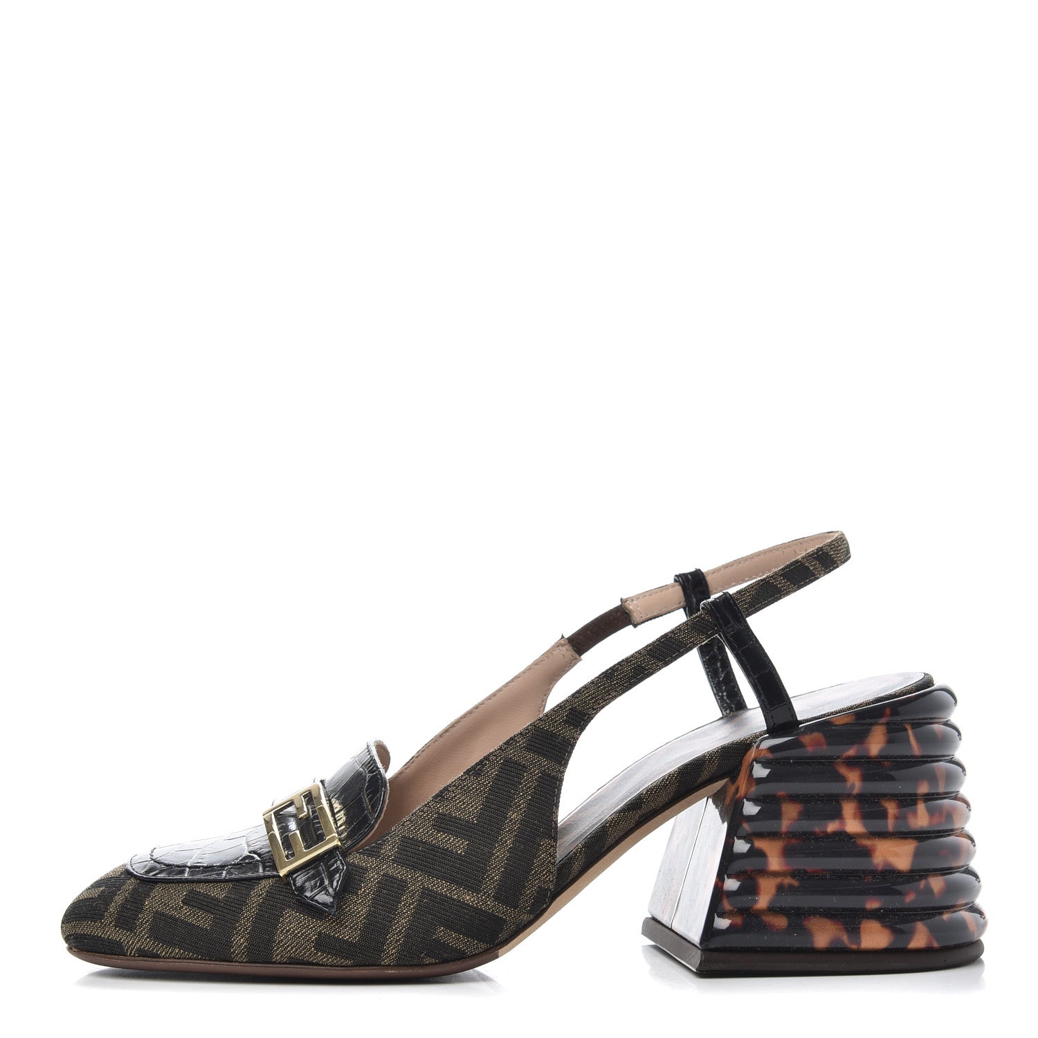 Fendi Jacquard Calfskin FF Tortoise Promenade Slingback Loafer Pumps 38.5 Tobacco 1 of 11