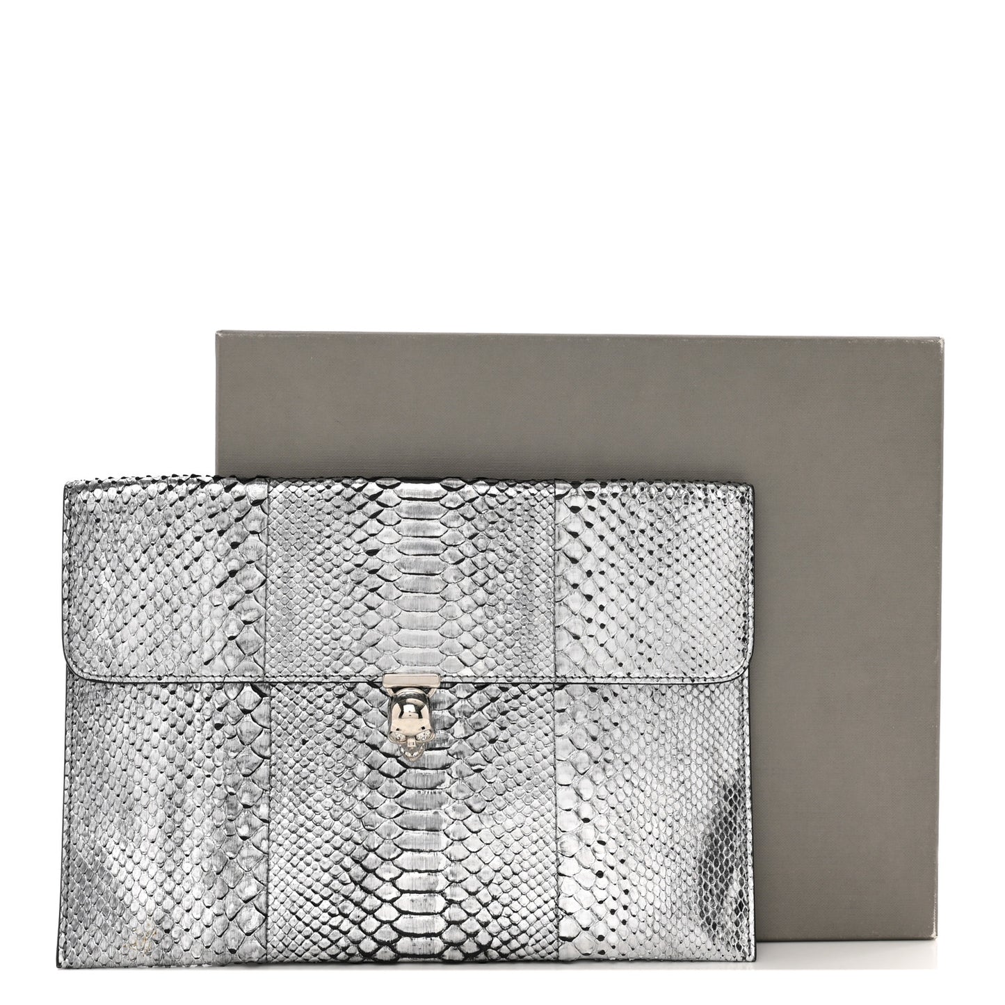 Metallic Snakeskin Skull Envelope Clutch Silver