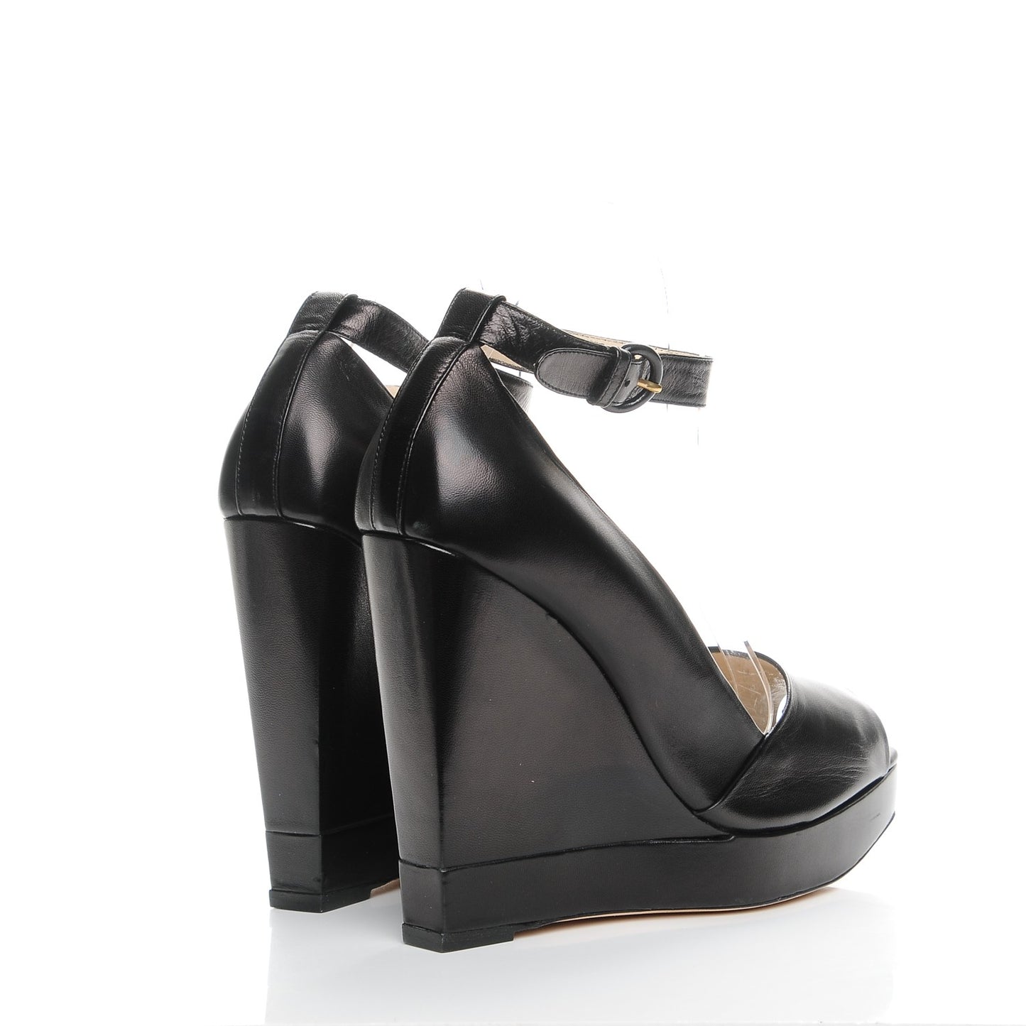 Calfskin Emma 100 Ankle Strap Peep Toe Wedge 41 Black