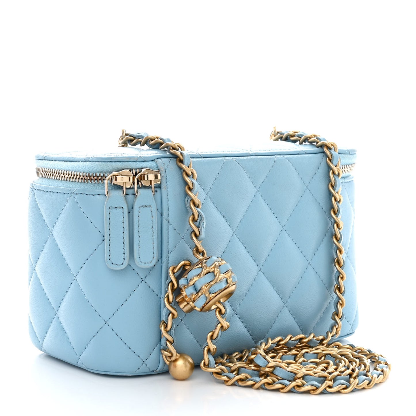 Lambskin Quilted Pearl Crush Small Vanity Case With Chain Light Blue