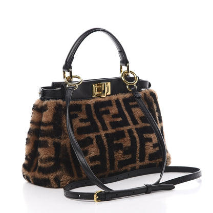 Fendi Shearling Nappa Macro FF 1974 Mini Peekaboo Iconic Satchel Tobacco Black 5 of 14
