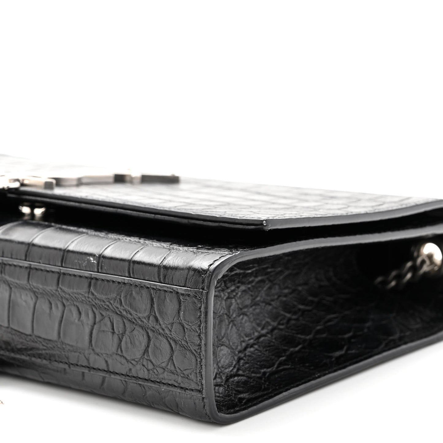 Calfskin Crocodile Embossed Medium Classic Monogram Kate Tassel Satchel Black