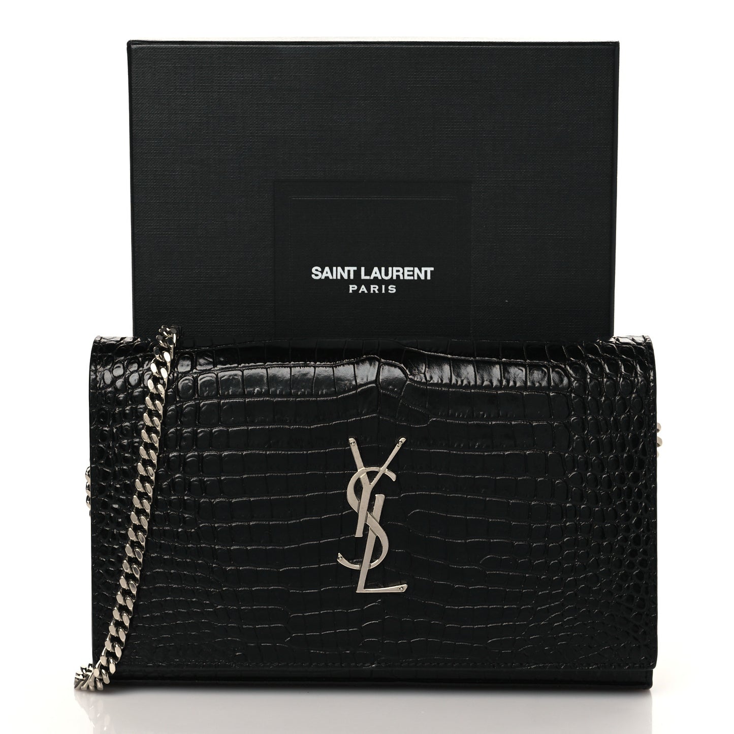 Calfskin Crocodile Embossed Monogram Chain Wallet Black