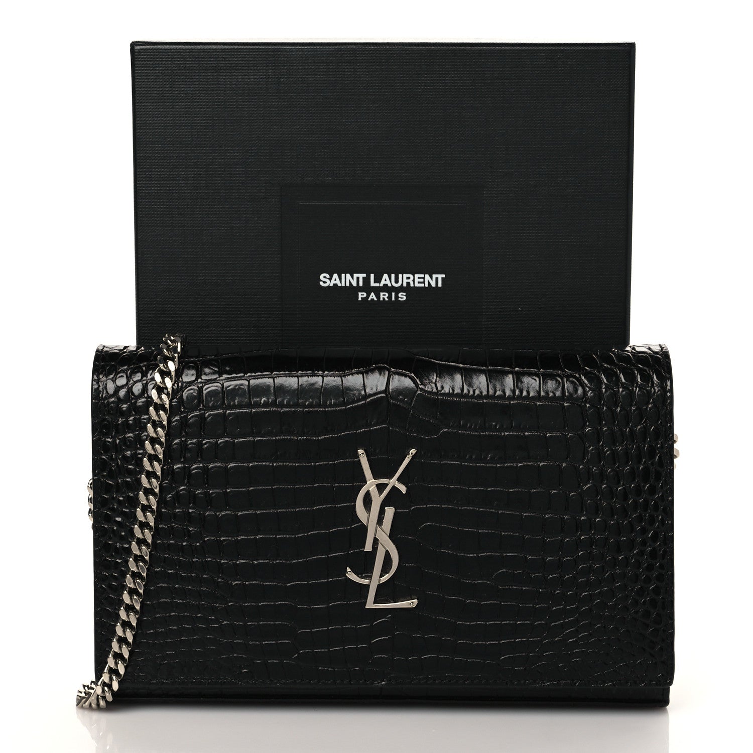 Saint Laurent Calfskin Crocodile Embossed Monogram Chain Wallet Black 10 of 10