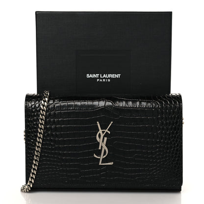 Saint Laurent Calfskin Crocodile Embossed Monogram Chain Wallet Black 10 of 10