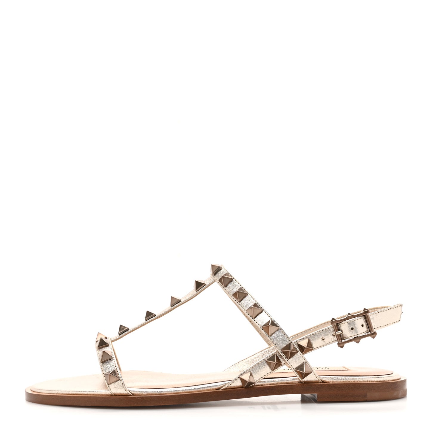 Metallic Nappa Rockstud T-Strap Slingback Flat Sandals 36 Skin