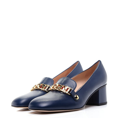 Gucci Malaga Kid Sylvie Web Chain Mid Heel Loafers 39 Blue Agata 4 of 11
