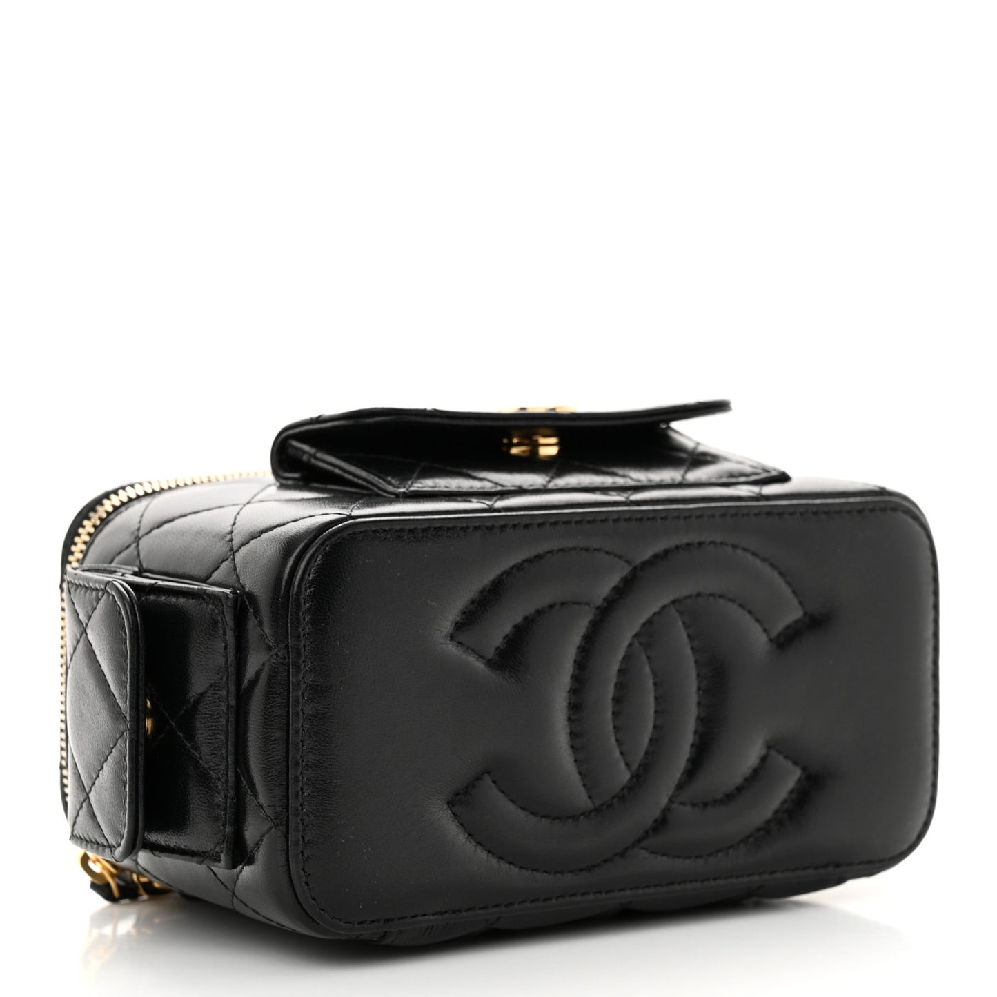 Lambskin Quilted Polly Pocket East West Top Vanity With Chain Black