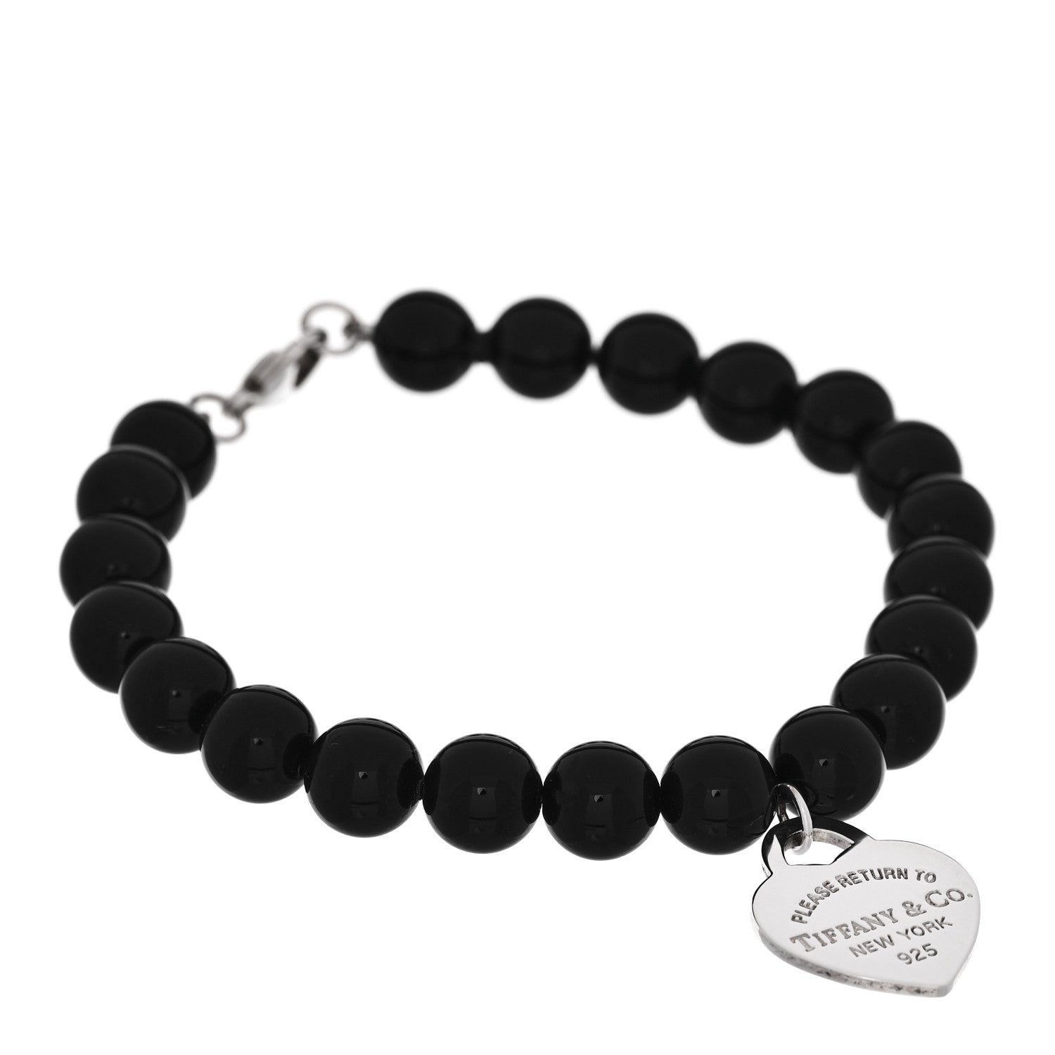 Tiffany Sterling Silver Black Onyx 8mm Return to Tiffany Bead Heart Tag Bracelet 1 of 3