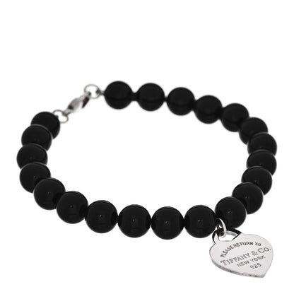 Tiffany Sterling Silver Black Onyx 8mm Return to Tiffany Bead Heart Tag Bracelet 1 of 3
