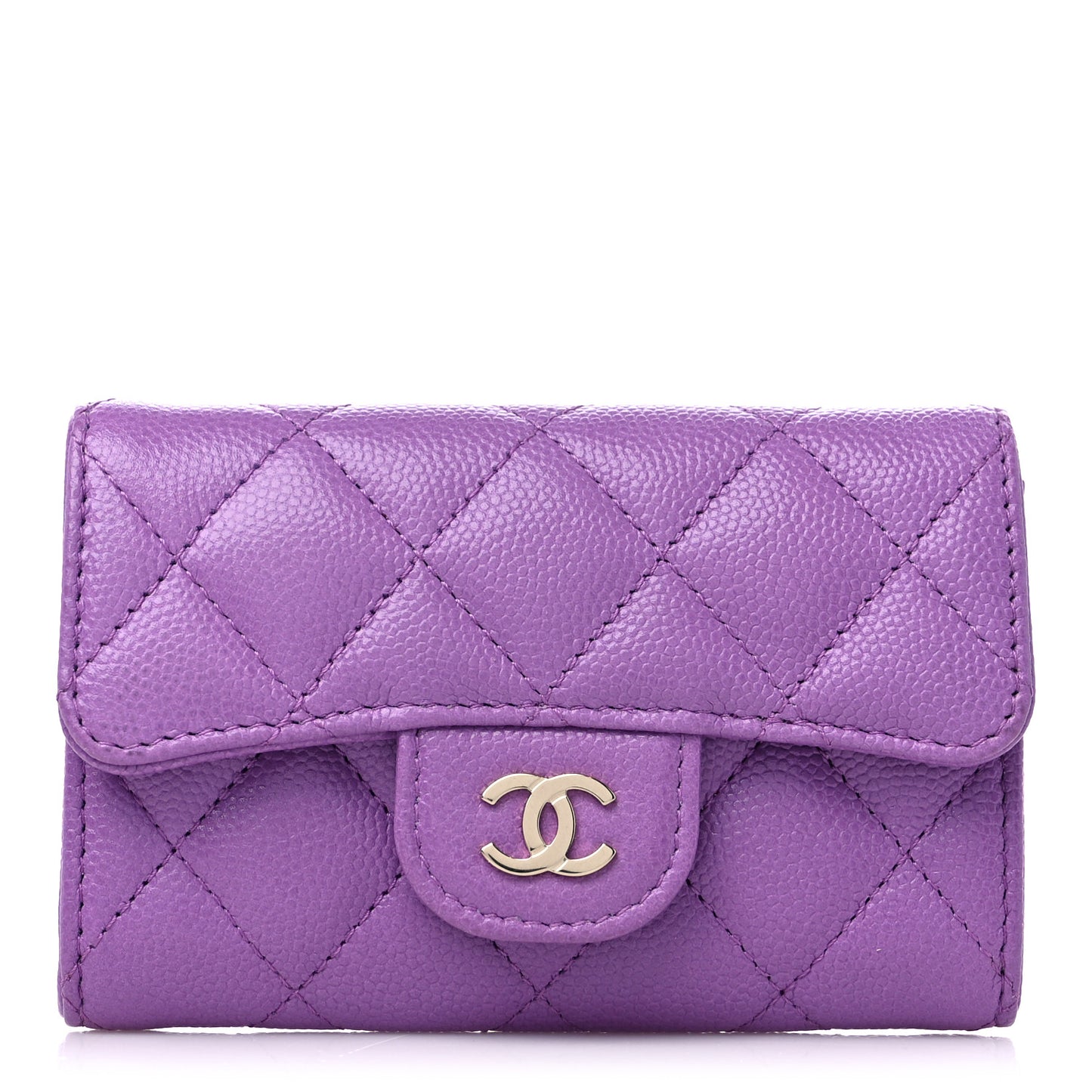 Caviar Quilted Flap Card Holder Wallet Purple