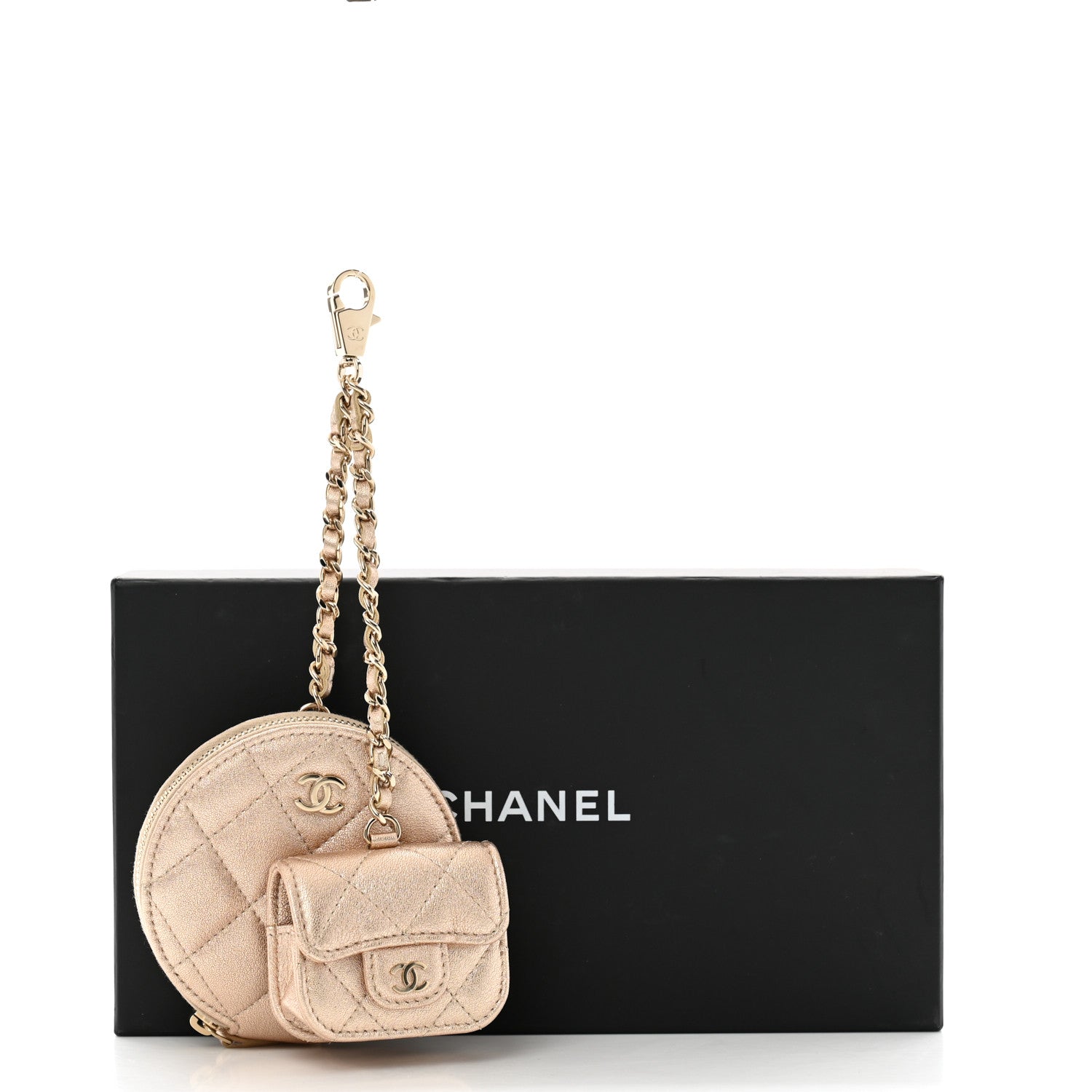 Chanel Metallic Lambskin Quilted Round Clip On Coin Purse Airpods Case Gold 10 of 10