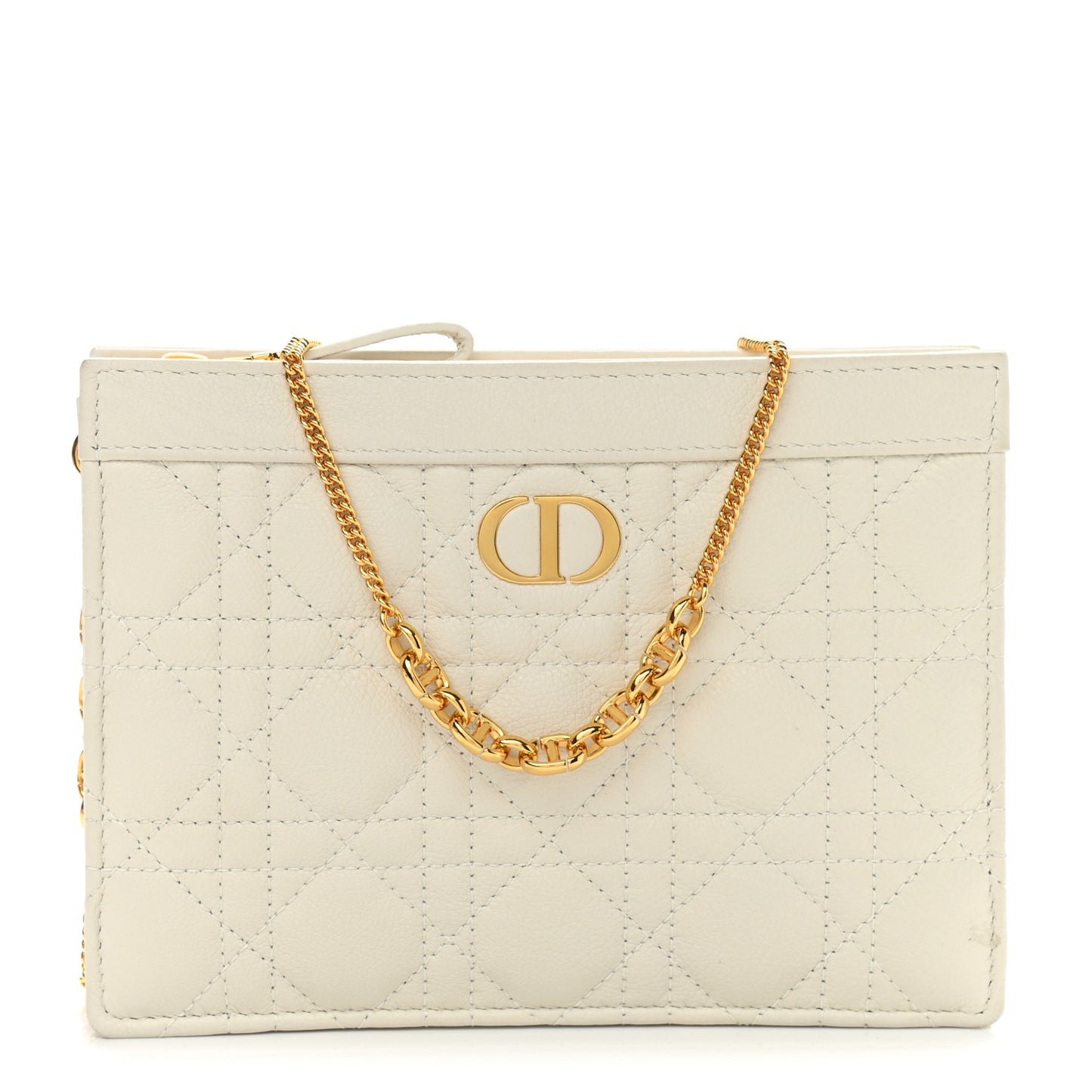 Calfskin Cannage Caro Zipped Pouch With Chain Latte