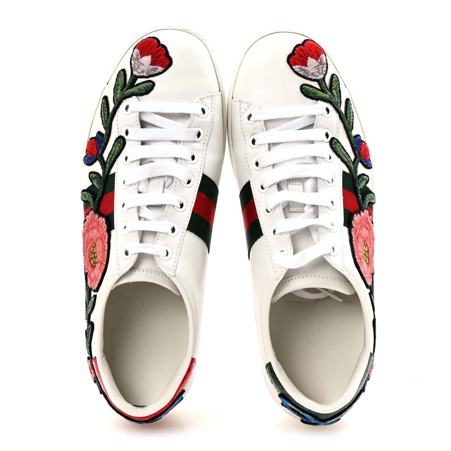 Calfskin Web Floral Embroidered Womens Ace Sneakers 37 White