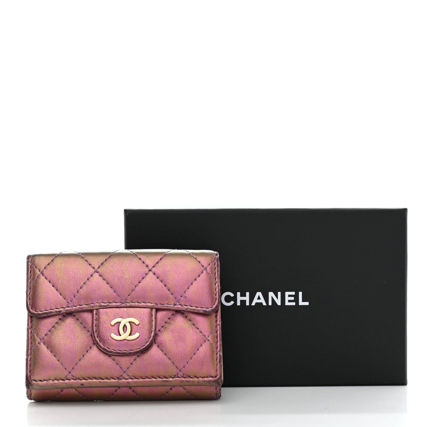 Iridescent Lambskin Quilted Double Flap Wallet Purple