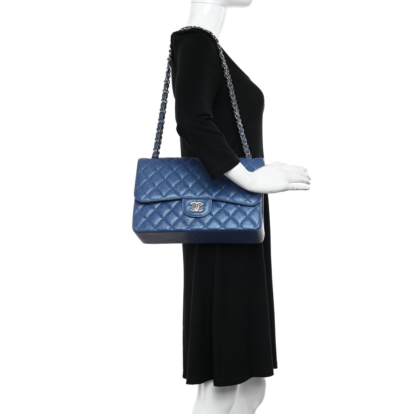 Iridescent Caviar Quilted Jumbo Double Flap Dark Blue