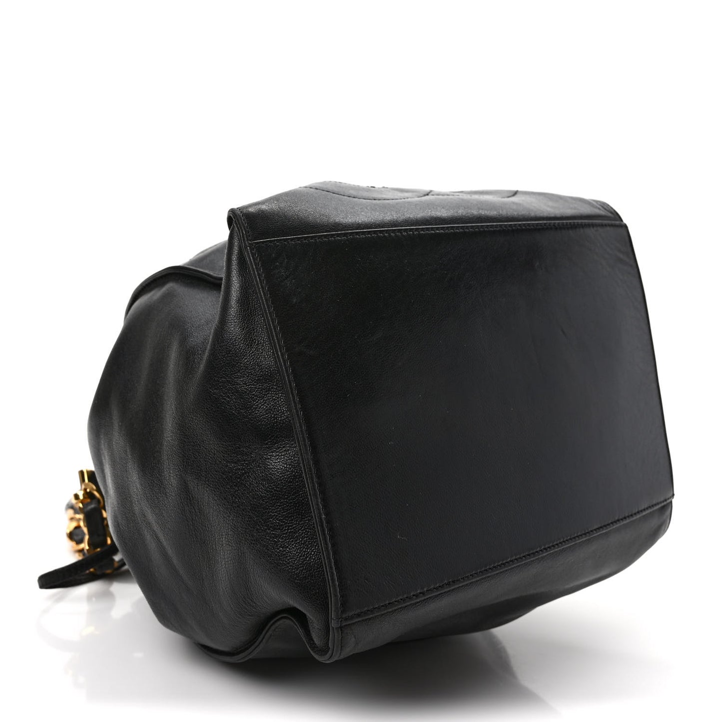 Lambskin CC Stitched Drawstring Bucket Bag Dark Brown