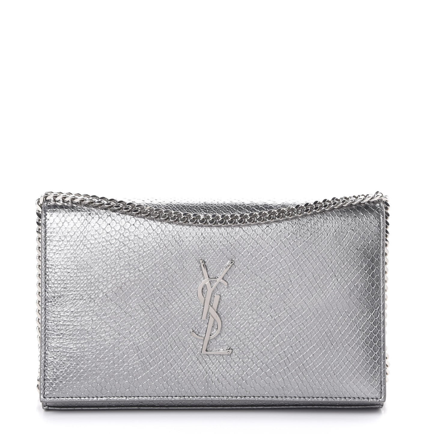Metallic Calfskin Python Embossed Monogram Chain Wallet Silver