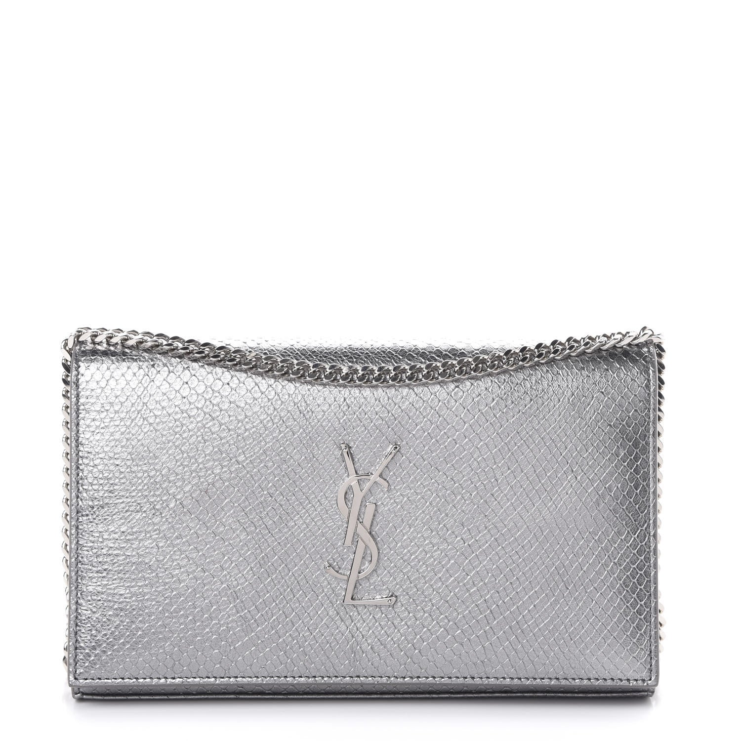 Saint Laurent Metallic Calfskin Python Embossed Monogram Chain Wallet Silver 1 of 13