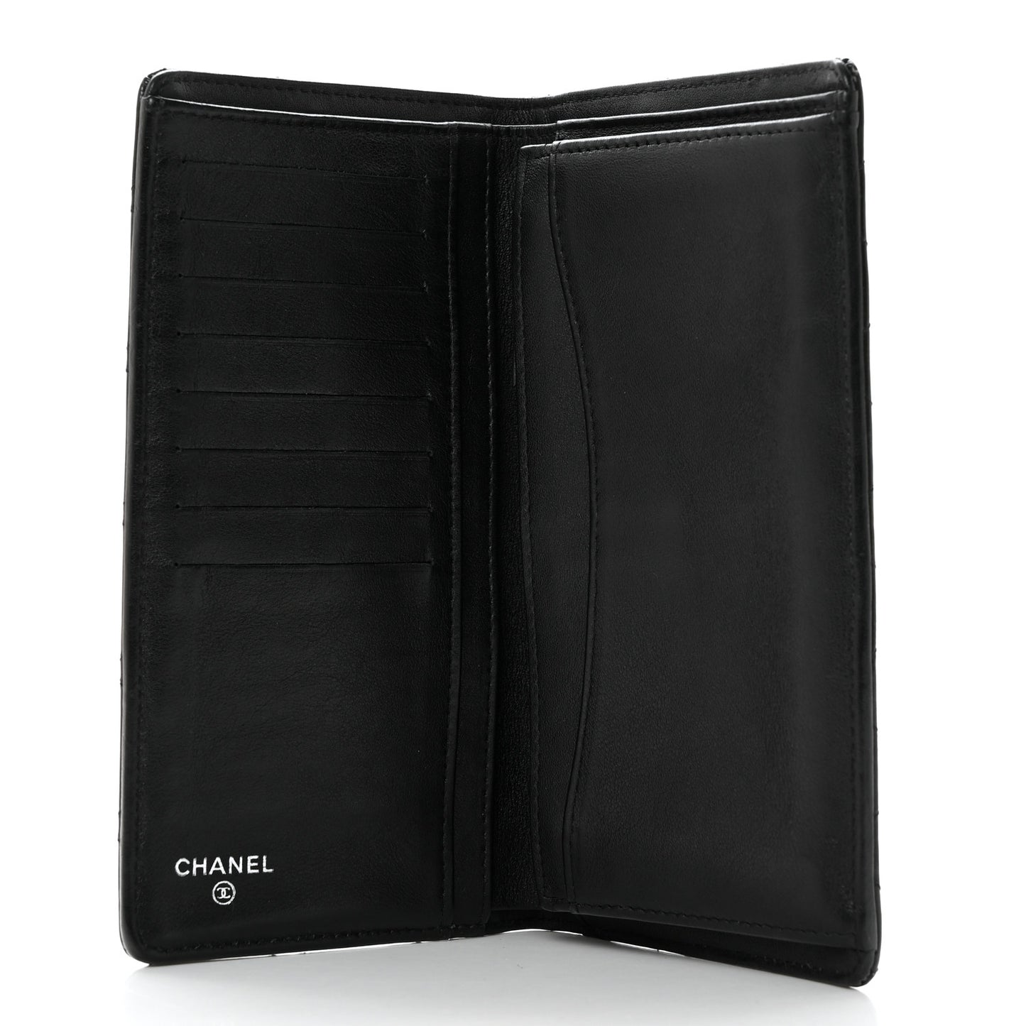 Striated Patent Calfskin Quilted Yen Wallet Black