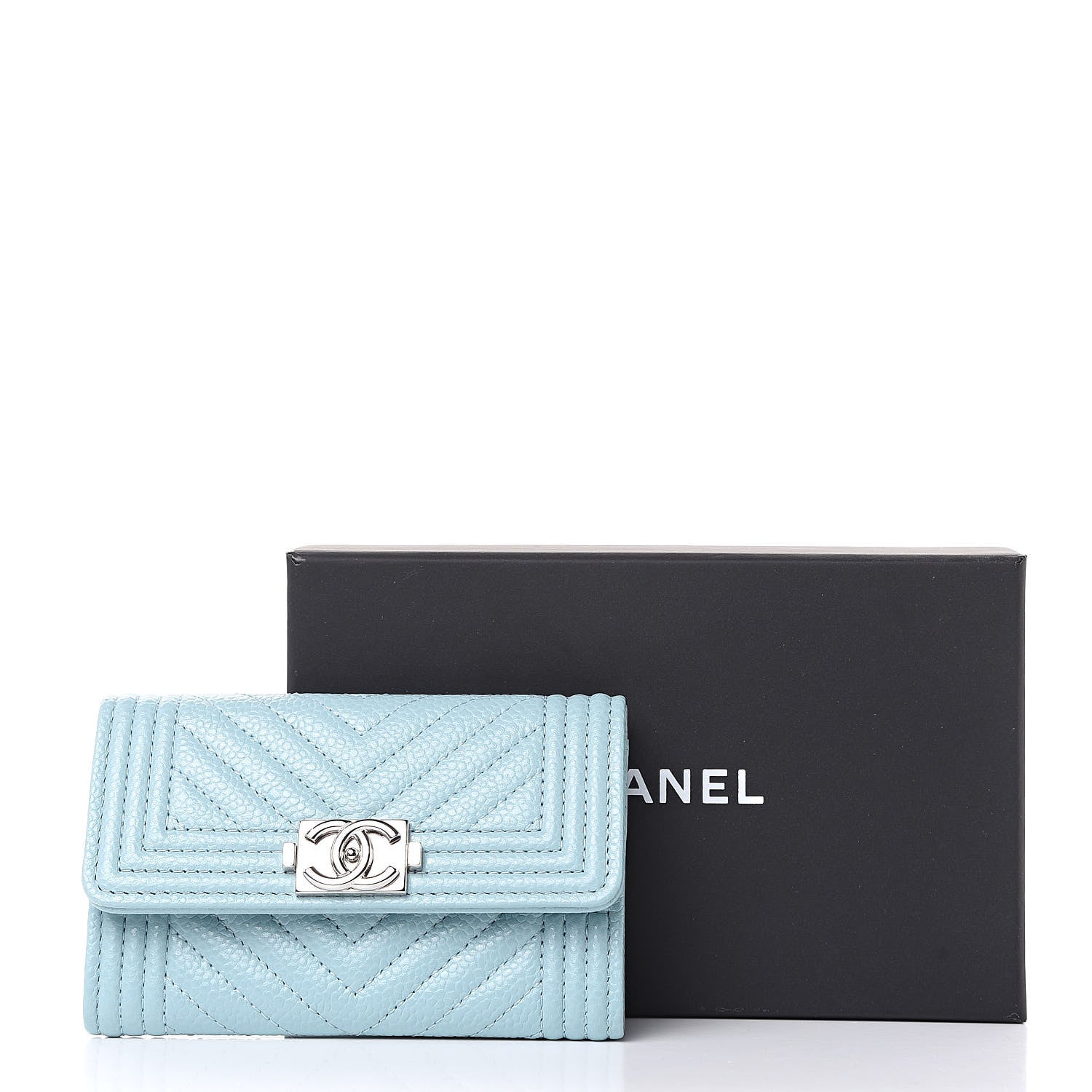 Chanel Caviar Chevron Quilted Boy Card Holder Wallet Light Blue 9 of 9