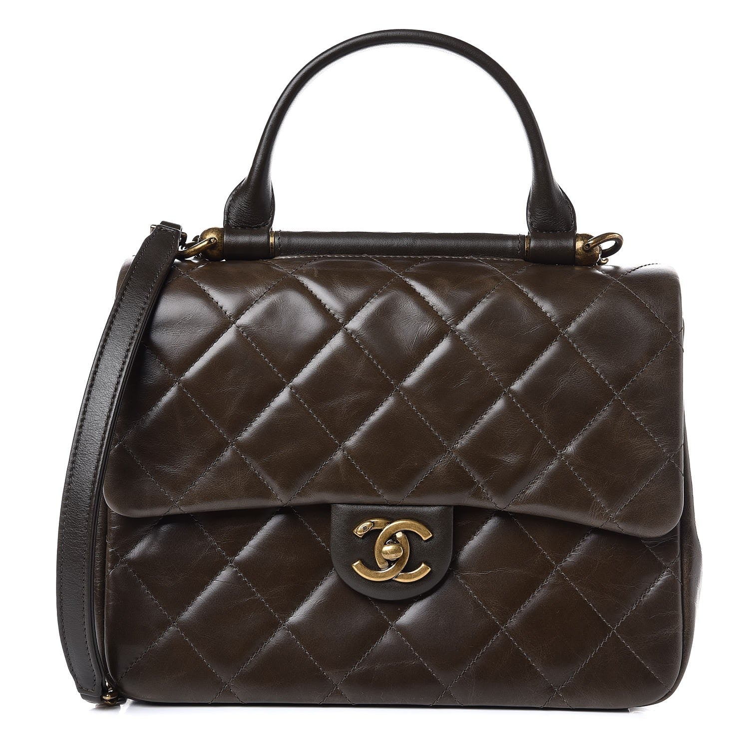 Chanel Calfskin Quilted Medium Gold Bar Top Handle Flap Dark Khaki 1 of 8