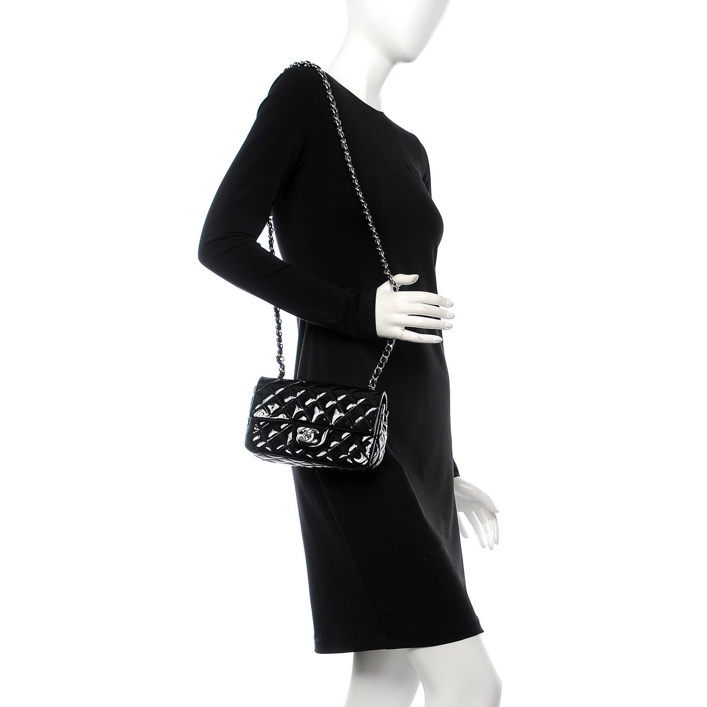 Patent Calfskin Quilted Mini Rectangular Flap Black