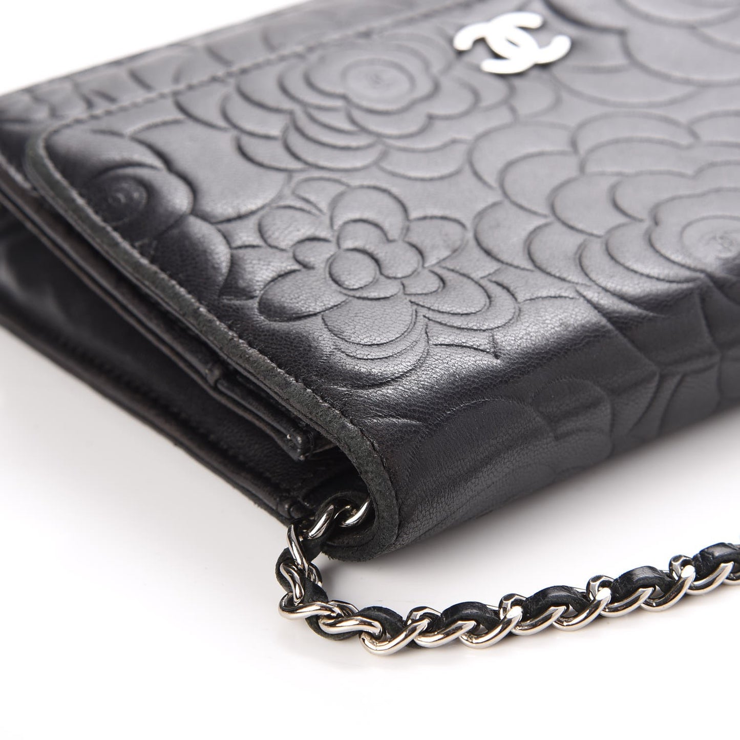 Lambskin Camellia Embossed Wallet on Chain WOC Black