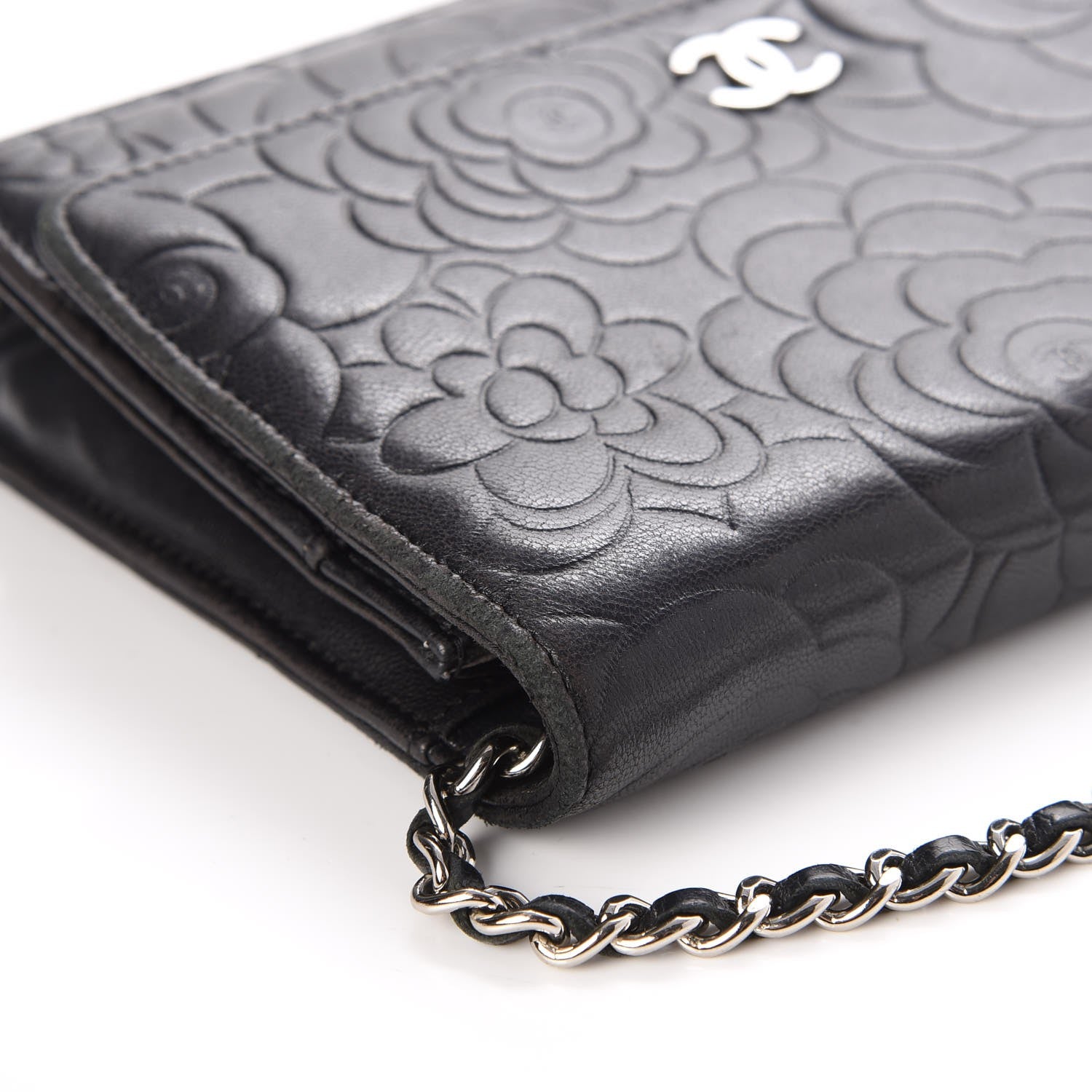 Chanel Lambskin Camellia Embossed Wallet on Chain WOC Black 16 of 17