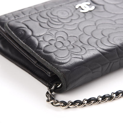 Chanel Lambskin Camellia Embossed Wallet on Chain WOC Black 16 of 17