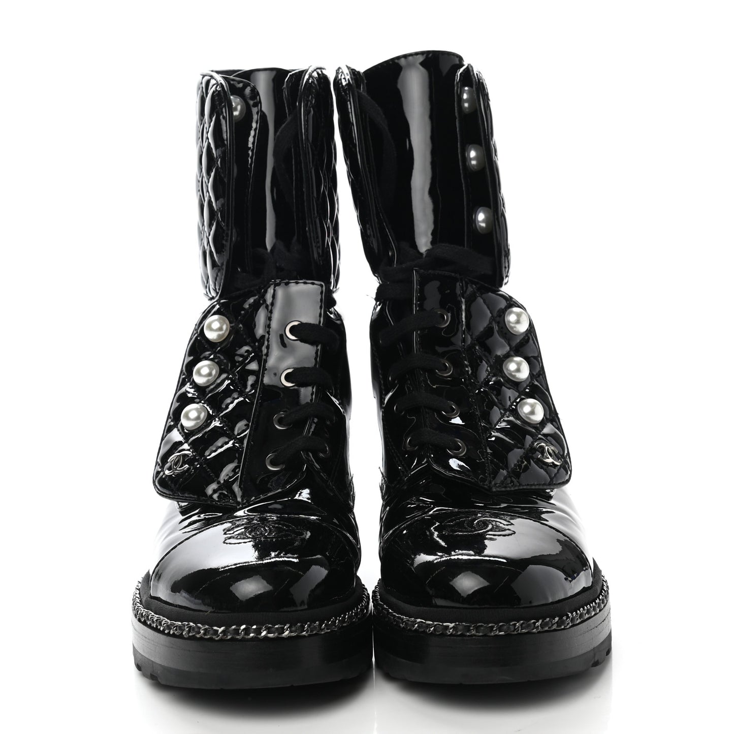 Patent Calfskin Pearl Combat Ankle Boots 39 Black