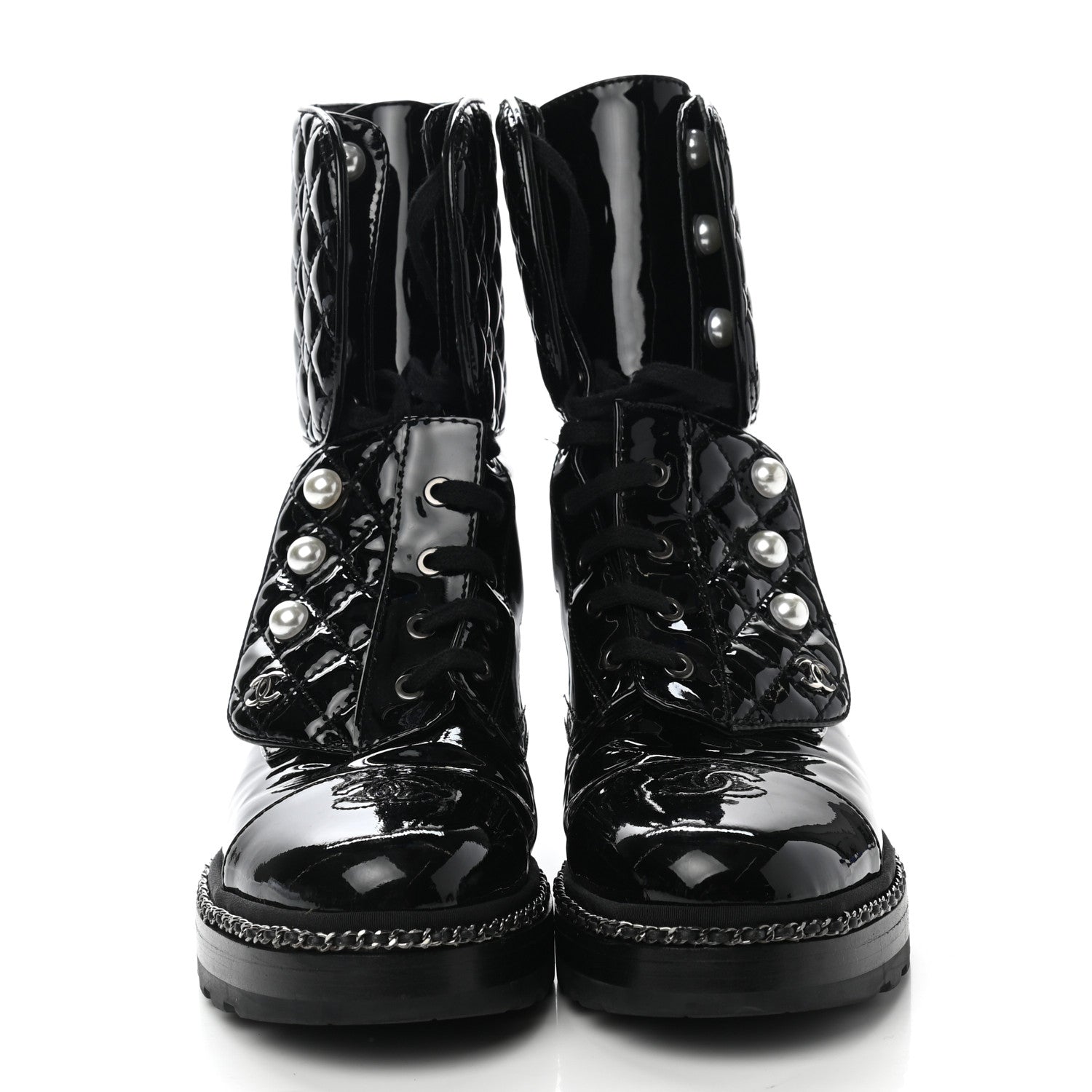 Chanel Patent Calfskin Pearl Combat Ankle Boots 39 Black 2 of 8
