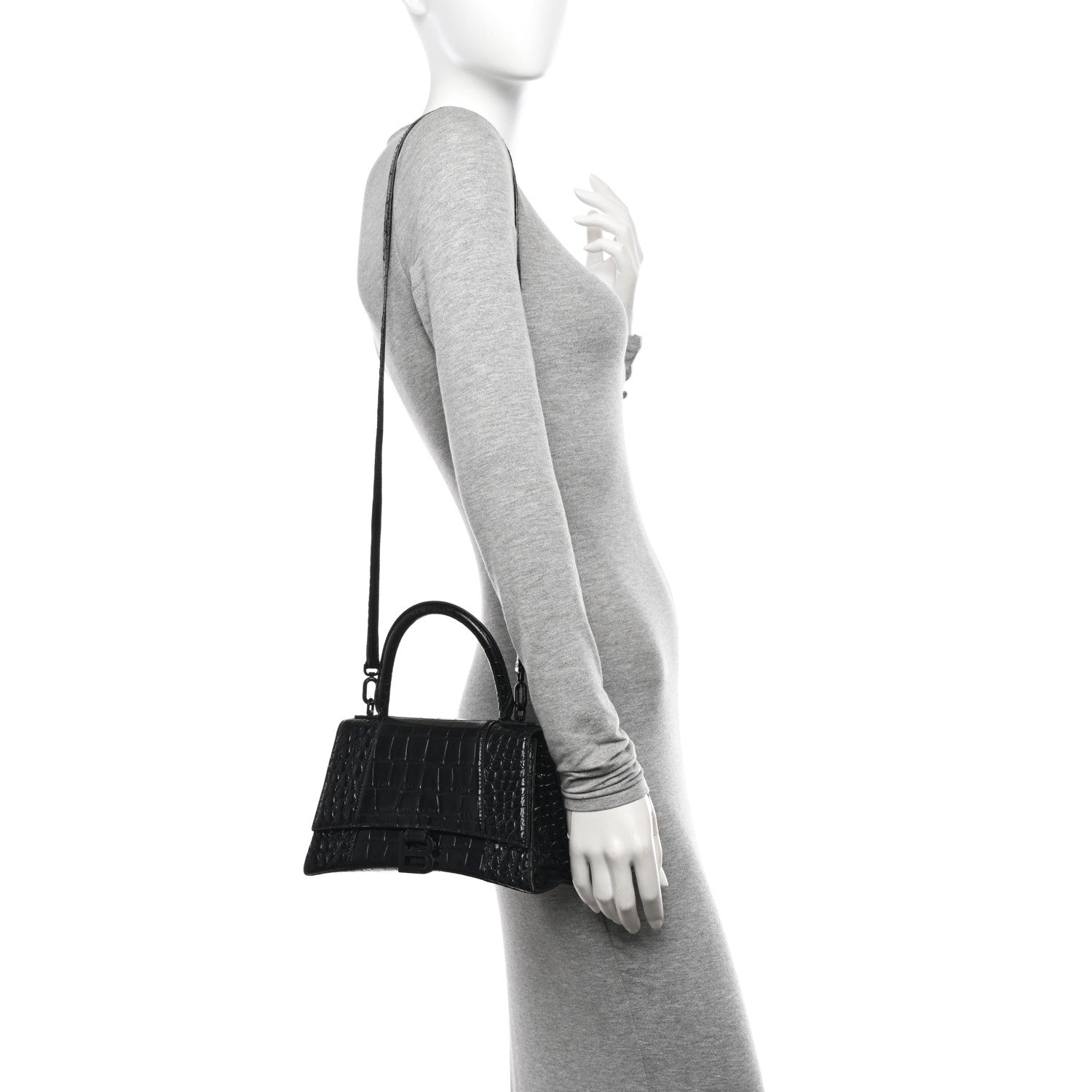 Balenciaga Shiny Calfskin Monochrome Crocodile Embossed Small Hourglass Top Handle Bag Black 2 of 17