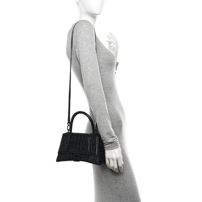 Balenciaga Shiny Calfskin Monochrome Crocodile Embossed Small Hourglass Top Handle Bag Black 2 of 17