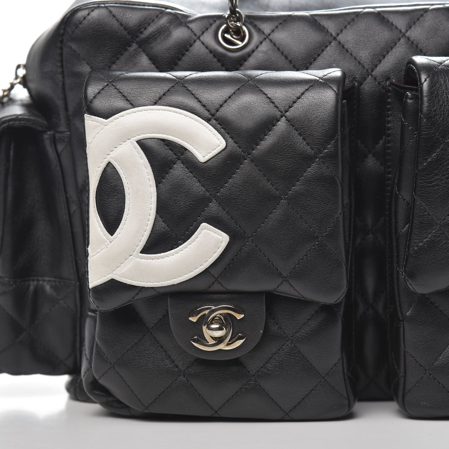 Calfskin Quilted Large Cambon Multipocket Reporter Black White