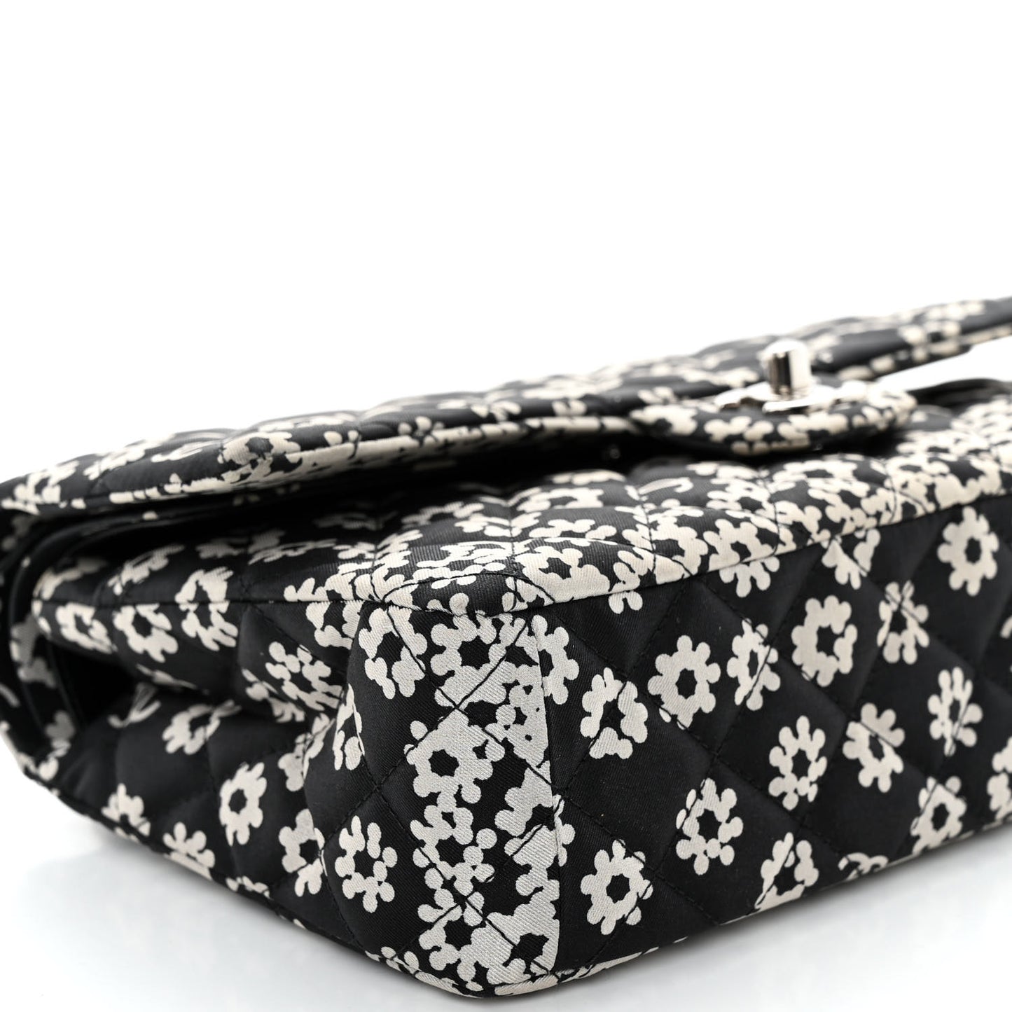 Canvas Floral Printed Quilted Medium Double Flap Black White