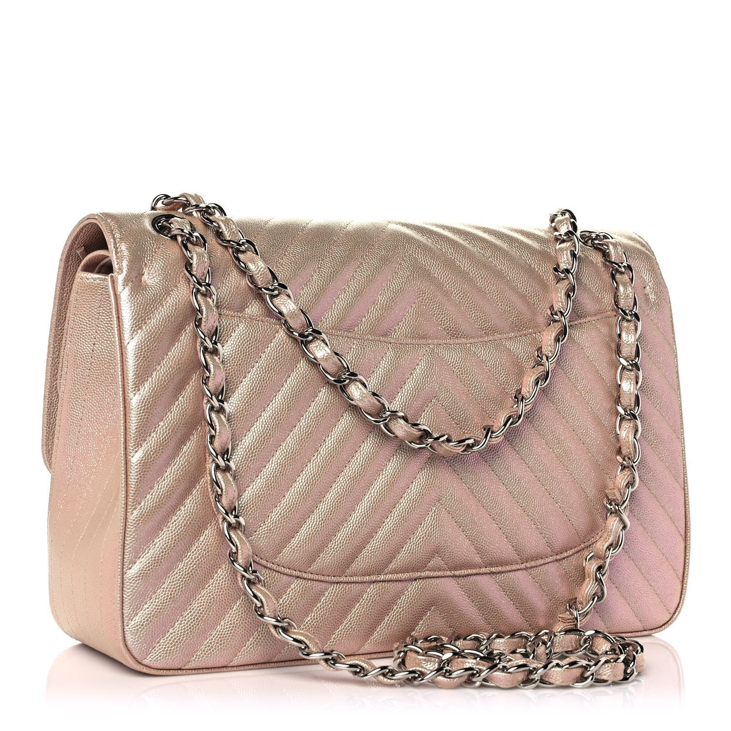 Chanel Metallic Caviar Chevron Quilted Jumbo Double Flap Light Gold 3 of 11