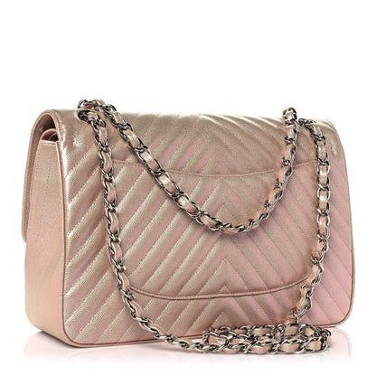 Chanel Metallic Caviar Chevron Quilted Jumbo Double Flap Light Gold 3 of 11