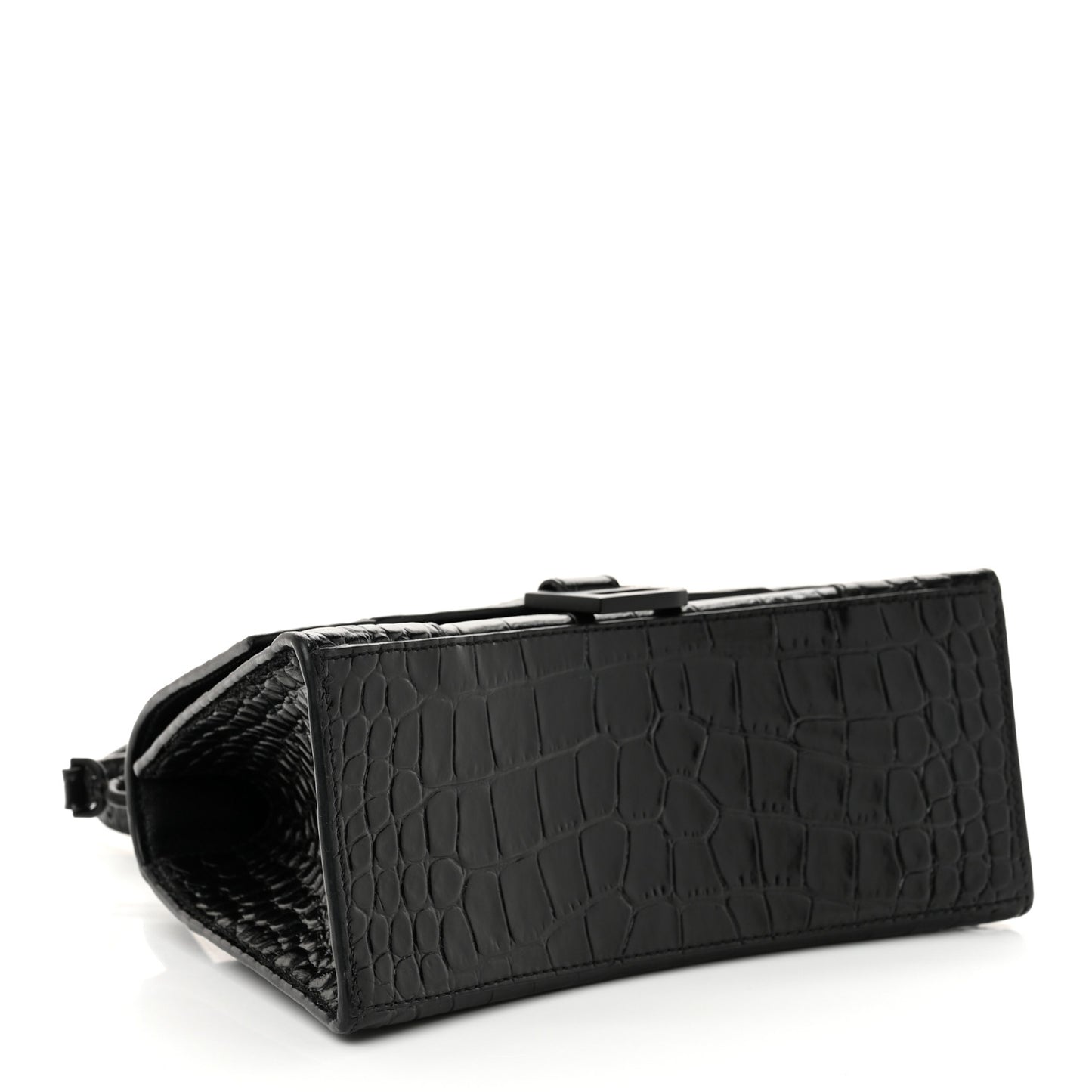 Shiny Calfskin Monochrome Crocodile Embossed Small Hourglass Top Handle Bag Black