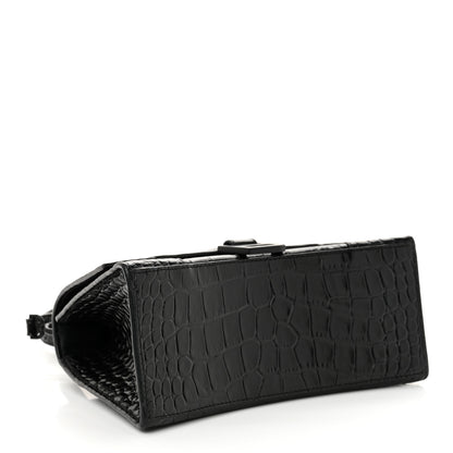 Balenciaga Shiny Calfskin Monochrome Crocodile Embossed Small Hourglass Top Handle Bag Black 4 of 13