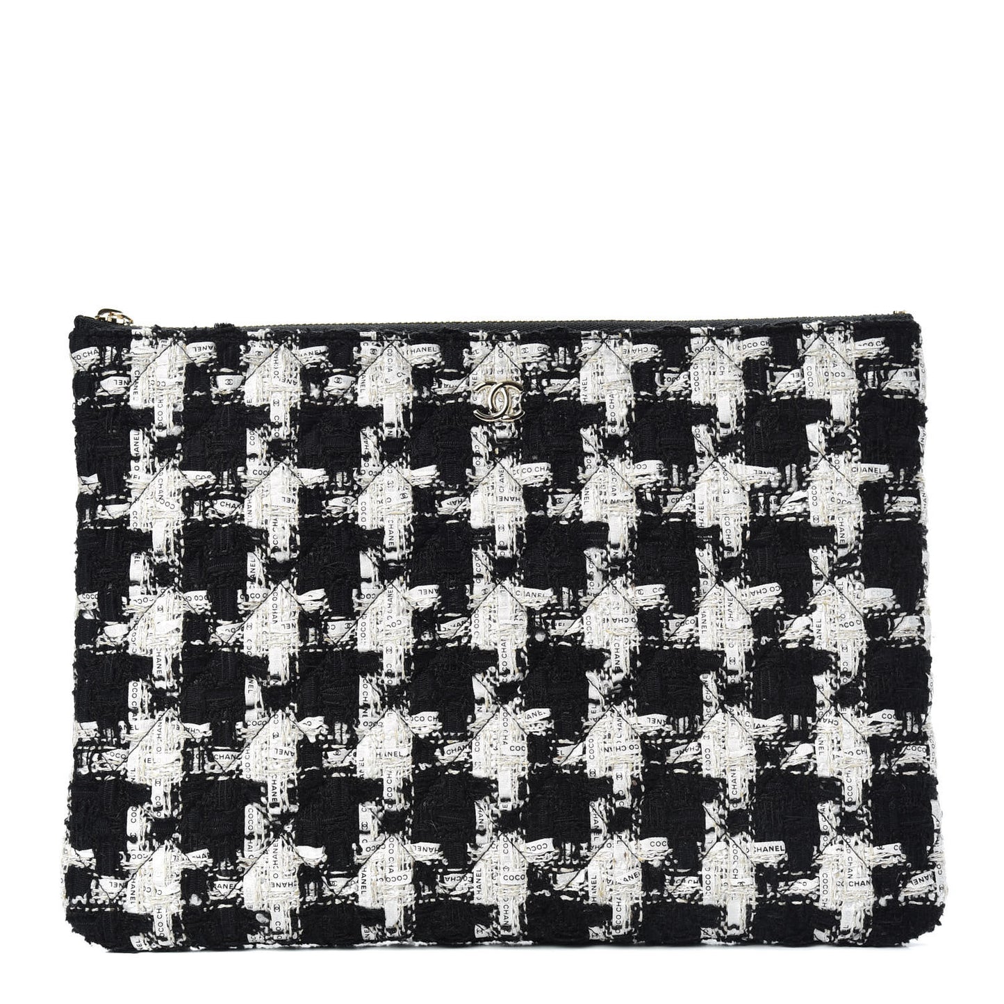 Tweed Quilted Medium Cosmetic Pouch Black Ecru White