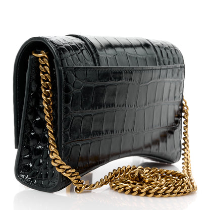 Balenciaga Shiny Calfskin Crocodile Embossed Hourglass Chain Bag Black 3 of 11