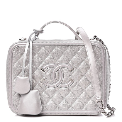 Chanel Metallic Caviar Quilted Large CC Filigree Vanity Case Silver 1 of 14