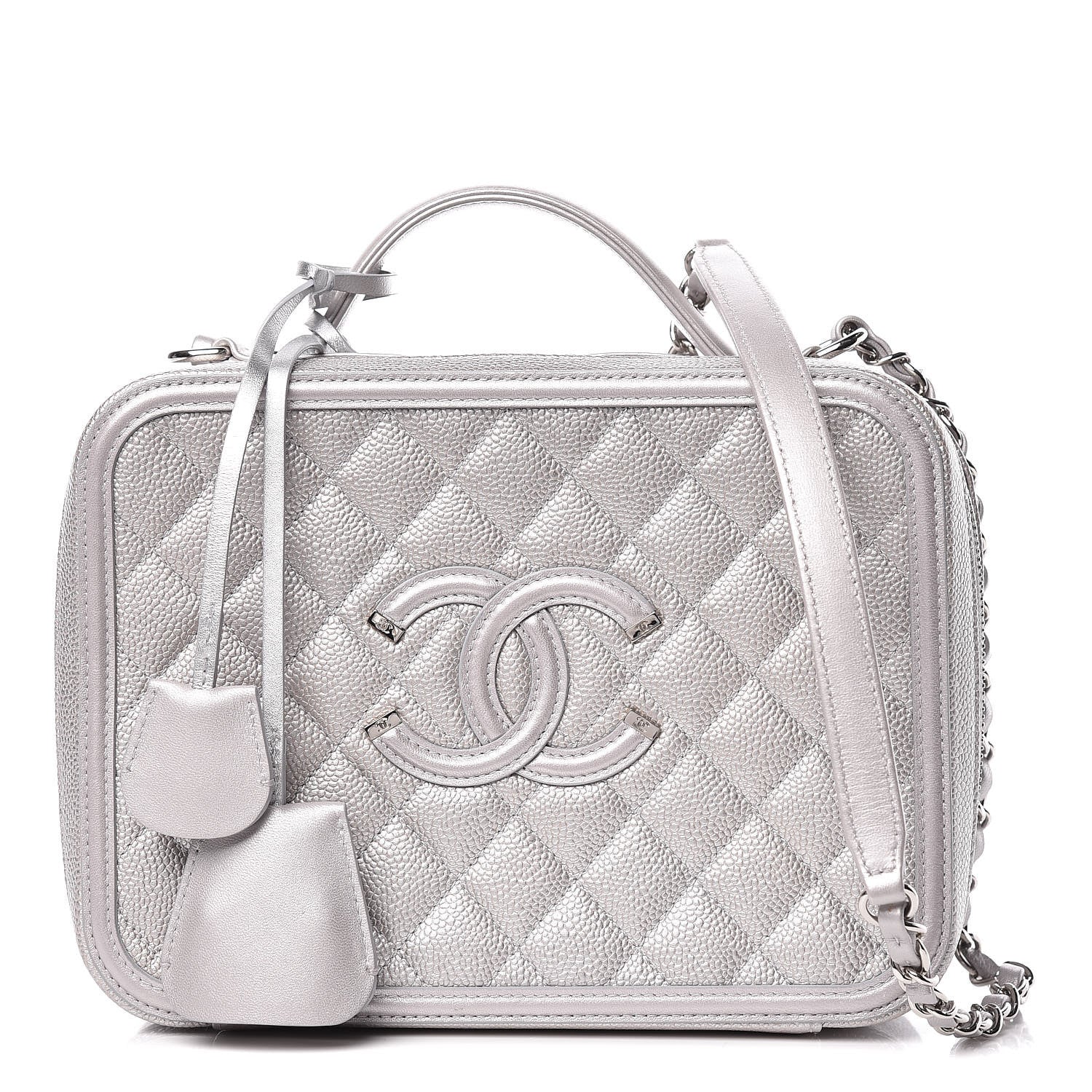 Chanel Metallic Caviar Quilted Large CC Filigree Vanity Case Silver 1 of 14