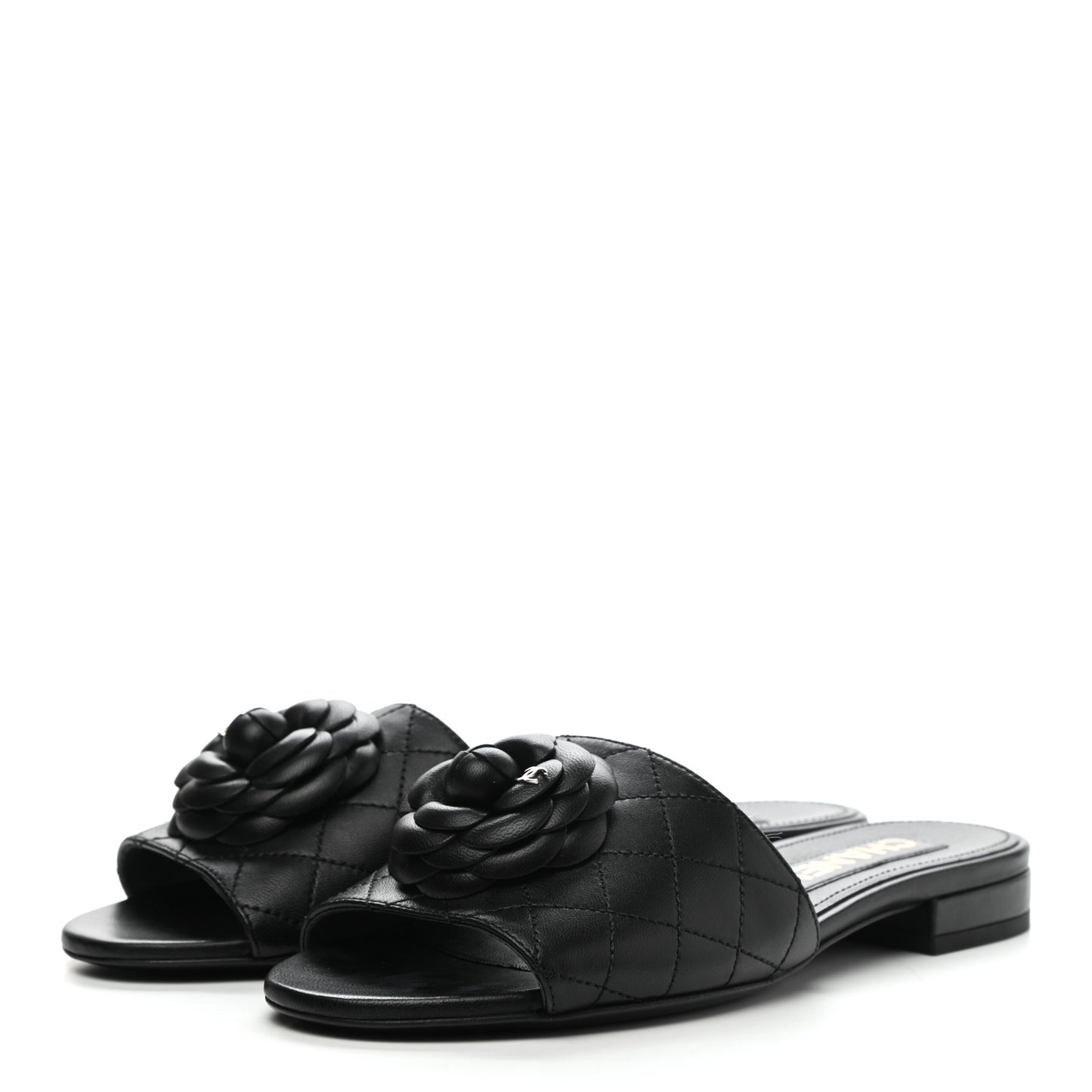Lambskin Quilted Camellia CC Slides 37 Black
