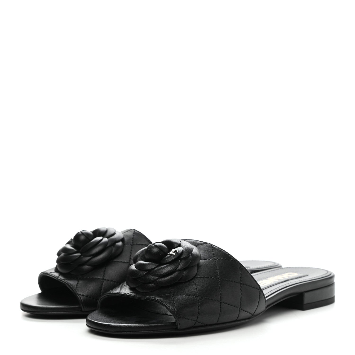 Chanel Lambskin Quilted Camellia CC Slides 37 Black 3 of 9